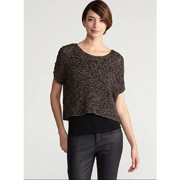 Eileen Fisher Bronze Sparkle Scoopneck Dolman Sleeve Box Top  Linen Blend - Picture 1 of 5